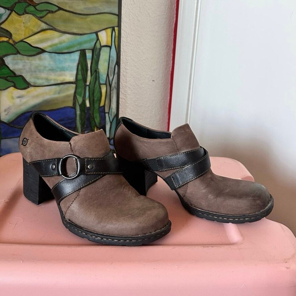 born brown and black chunky slip on heels shoes